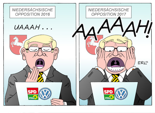 Cartoon: Opposition Niedersachsen (medium) by Erl tagged niedersachsen,landesregierung,regierung,spd,bündnis,90,die,grünen,rot,grün,ministerpraesident,stephan,weil,regierungserklärung,dieselaffäre,rede,abstimmung,vorlage,volkswagen,auto,automobilkonzern,opposition,cdu,fdp,kenntnis,2016,normalität,wahl,wahljahr,2017,bundestagswahl,landtagswahl,skandal,karikatur,erl,niedersachsen,landesregierung,regierung,spd,bündnis,90,die,grünen,rot,grün,ministerpraesident,stephan,weil,regierungserklärung,dieselaffäre,rede,abstimmung,vorlage,volkswagen,auto,automobilkonzern,opposition,cdu,fdp,kenntnis,2016,normalität,wahl,wahljahr,2017,bundestagswahl,landtagswahl,skandal,karikatur,erl