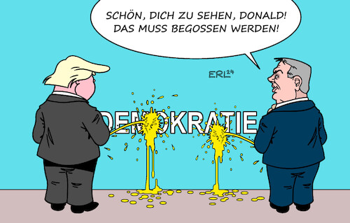 Cartoon: Orban bei Trump (medium) by Erl tagged politik,ungarn,ministerpräsident,viktor,orban,rechtspopulist,nationalist,autokrat,besuch,usa,donald,trump,brüder,im,geiste,demokratie,urinieren,verachtung,karikatur,erl,politik,ungarn,ministerpräsident,viktor,orban,rechtspopulist,nationalist,autokrat,besuch,usa,donald,trump,brüder,im,geiste,demokratie,urinieren,verachtung,karikatur,erl