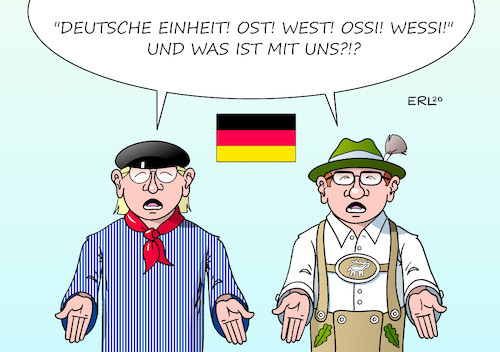 Cartoon: Ost West (medium) by Erl tagged politik,deutschland,deutsche,einheit,wiedervereinigung,gemeinsamkeiten,unterschiede,ost,west,ossi,wessi,nord,süd,norddeutschland,süddeutschland,ostfriese,bayer,karikatur,erl,politik,deutschland,deutsche,einheit,wiedervereinigung,gemeinsamkeiten,unterschiede,ost,west,ossi,wessi,nord,süd,norddeutschland,süddeutschland,ostfriese,bayer,karikatur,erl