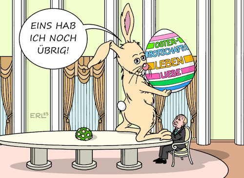 Cartoon: Osterbotschaft (medium) by Erl tagged politik,krieg,angriff,überfall,russland,ukraine,ostern,osterbotschaft,leben,liebe,osterhase,osterei,wladimir,putin,tisch,karikatur,erl,politik,krieg,angriff,überfall,russland,ukraine,ostern,osterbotschaft,leben,liebe,osterhase,osterei,wladimir,putin,tisch,karikatur,erl