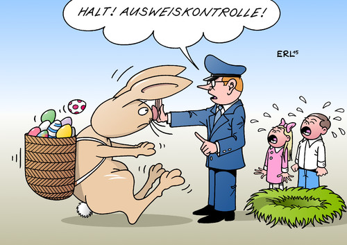 Cartoon: Ostern ganz sicher (medium) by Erl tagged ostern,osterhase,ostereier,osternest,kinder,polizei,ausweis,kontrolle,schengen,schengenraum,flug,flugzeug,absturz,germanwings,gefährder,vorschlag,innenminister,thomas,de,maiziere,sicherheit,sicher,karikatur,erl,ostern,osterhase,ostereier,osternest,kinder,polizei,ausweis,kontrolle,schengen,schengenraum,flug,flugzeug,absturz,germanwings,gefährder,vorschlag,innenminister,thomas,de,maiziere,sicherheit,sicher