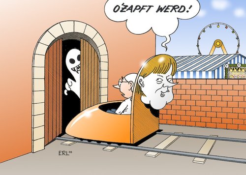 Cartoon: Ozapft (medium) by Erl tagged merkel,politik,cdu,csu,fdp,schwarz,gelb,koalition,geisterbahn,oktoberfest,wiesn,angela merkel,cdu,csu,fdp,gelb,koalition,geisterbahn,oktoberfest,tradition,bier,angela,merkel