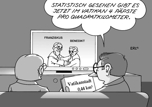 Cartoon: Päpste (medium) by Erl tagged papst,franziskus,benedikt,emeritiert,päpste,zwei,vier,quadratkilometer,vatikan,vatikanstadt,statistik