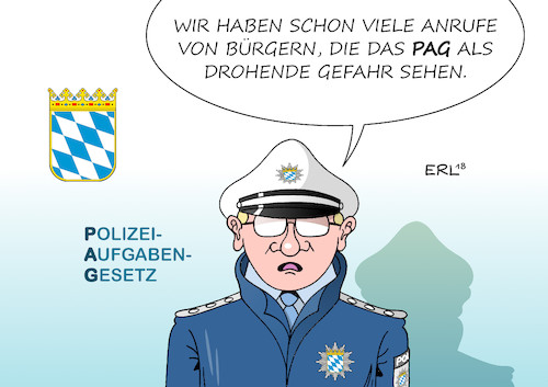 Cartoon: PAG (medium) by Erl tagged politik,bayern,csu,polizeiaufgabengesetz,pag,erweiterung,kompetenz,polizei,ermittlung,verhaftung,haft,drohende,gefahr,rechtsstaat,aushöhlung,werbung,wähler,wahlkampf,stimmen,afd,angst,verlust,absolute,mehrheit,ministerpraesident,markus,söder,bürger,sorgen,ängste,besorgt,anruf,polizist,karikatur,erl,politik,bayern,csu,polizeiaufgabengesetz,pag,erweiterung,kompetenz,polizei,ermittlung,verhaftung,haft,drohende,gefahr,rechtsstaat,aushöhlung,werbung,wähler,wahlkampf,stimmen,afd,angst,verlust,absolute,mehrheit,ministerpraesident,markus,söder,bürger,sorgen,ängste,besorgt,anruf,polizist,karikatur,erl