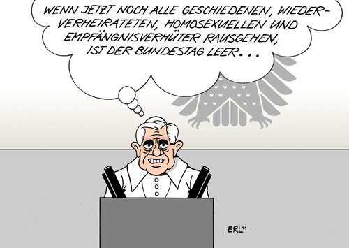 Cartoon: Papst Bundestag (medium) by Erl tagged papst,benedikt,xvi,16,besuch,deutschland,berlin,bundestag,rede,boykott,geschieden,wiederverheiratet,homosexuell,homosexualität,empfängnisverhütung,papst,deutschland,berlin,bundestag,boykott,wiederverheiratet