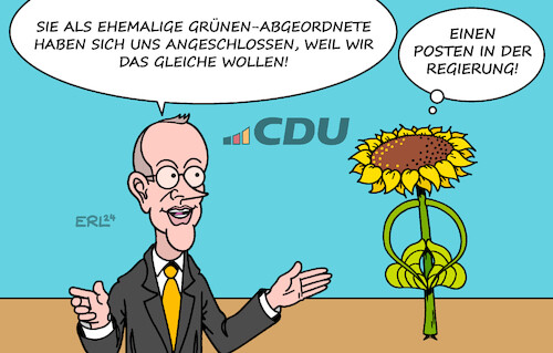 Cartoon: Parteiwechsel (medium) by Erl tagged politik,bundestag,abgeordnete,bundestagsabgeordnete,melis,sekmen,wechsel,bündnis90,die,grünen,cdu,freude,begrüßung,herzlich,willkommen,friedrich,merz,gemeinsamkeit,ziel,bundesregierung,posten,macht,sonnenblume,karikatur,erl,politik,bundestag,abgeordnete,bundestagsabgeordnete,melis,sekmen,wechsel,bündnis90,die,grünen,cdu,freude,begrüßung,herzlich,willkommen,friedrich,merz,gemeinsamkeit,ziel,bundesregierung,posten,macht,sonnenblume,karikatur,erl