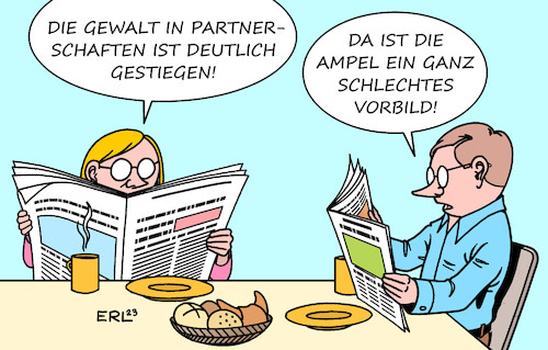 Cartoon: Partnergewalt (medium) by Erl tagged politik,gesellschaft,partnerschaft,konflikt,gewalt,anstieg,streit,bundesregierung,ampel,spd,grüne,fdp,heizung,elterngeld,kindergrundsicherung,klima,frühstück,karikatur,erl,politik,gesellschaft,partnerschaft,konflikt,gewalt,anstieg,streit,bundesregierung,ampel,spd,grüne,fdp,heizung,elterngeld,kindergrundsicherung,klima,frühstück,karikatur,erl