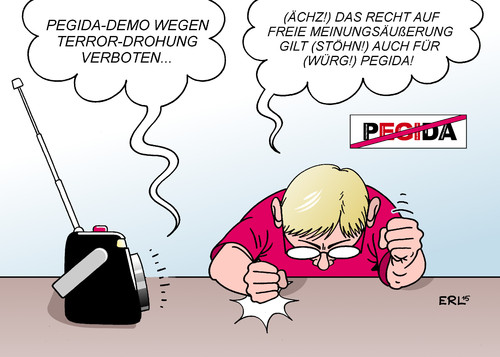 Cartoon: PEGIDA-Demo Verbot (medium) by Erl tagged pegida,demonstration,montag,rechtspopulismus,drohung,terror,islamismus,absage,verbot,recht,freie,meinungsäußerung,meinungsfreiheit,verteidigung,schwer,politik,links,rechts,karikatur,erl,pegida,demonstration,montag,rechtspopulismus,drohung,terror,islamismus,absage,verbot,recht,freie,meinungsäußerung,meinungsfreiheit,verteidigung,schwer,politik,links,rechts