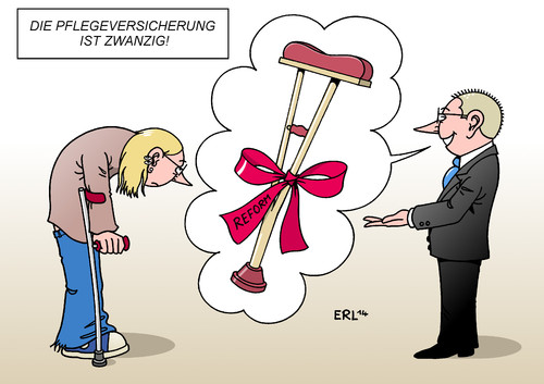 Cartoon: Pflegeversicherung (medium) by Erl tagged pflegeversicherung,pflege,versicherung,pflegekräfte,angehörige,kosten,geld,finanzierung,reform,krücke,politik,zwanzig,geburtstag,pflegeversicherung,pflege,versicherung,pflegekräfte,angehörige,kosten,geld,finanzierung,reform,krücke,politik,zwanzig,geburtstag