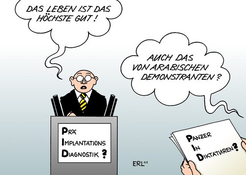 Cartoon: PID (medium) by Erl tagged rüstungsexport,rüstung,arabien,saudi,export,lieferun,panzer,präimplantationsdiagnostk,leben,moral,ethik,bundestag,debatte,pid,debatte,bundestag,ethik,moral,leben,präimplantationsdiagnostk,panzer,lieferun,export,saudi arabien,rüstung,rüstungsexport,saudi,arabien