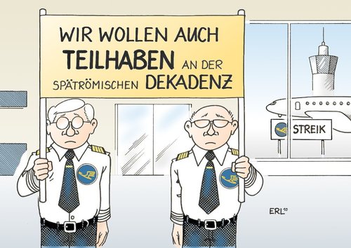 Cartoon: Pilotenstreik (medium) by Erl tagged lufthansa,streik,pilot,diskussion,hartz,iv,dekadenz,luxus,lufthansa,streik,pilot,diskussion,hartz,dekadenz,luxus,arbeit,job,flughafen