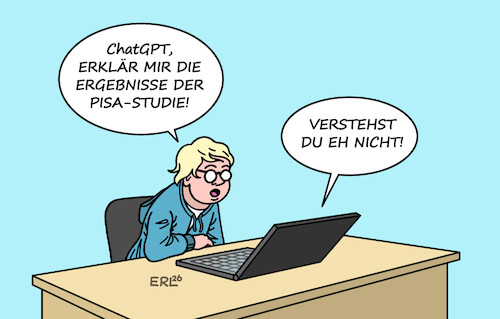 Cartoon: PISA (medium) by Erl tagged politik,bildung,schule,pisa,studie,verschlechterung,deutschland,verständnis,mathematik,text,lesen,chatgpt,karikatur,erl,politik,bildung,schule,pisa,studie,verschlechterung,deutschland,verständnis,mathematik,text,lesen,chatgpt,karikatur,erl