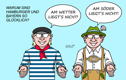 Cartoon: Platz 1 und 2 im Glücksatlas (medium) by Erl tagged politik,gesellschaft,glück,glücksatlas,rangordnung,bundesländer,hamburg,bayern,wetter,söder,karikatur,erl,politik,gesellschaft,glück,glücksatlas,rangordnung,bundesländer,hamburg,bayern,wetter,söder,karikatur,erl