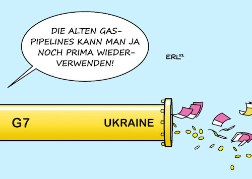 Cartoon: Geld für die Ukraine (medium) by Erl tagged politik,krieg,wladimir,putin,russland,ukraine,g7,usa,großbritannien,frankreich,deutschland,japan,kanada,italien,eu,haushaltshilfen,geld,gaspipeline,karikatur,erl,politik,krieg,wladimir,putin,russland,ukraine,g7,usa,großbritannien,frankreich,deutschland,japan,kanada,italien,eu,haushaltshilfen,geld,gaspipeline,karikatur,erl