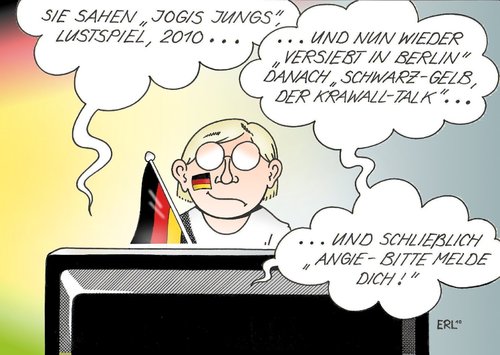 Cartoon: Programmwechsel (medium) by Erl tagged fußball,wm,ende,politik,schwarz,gelb,berlin,angela,merkel,fernsehen,programm,fußball,wm,weltmeisterschaft,politik,schwarz,gelb,berlin,angela merkel,programm,fernsehen,angela,merkel