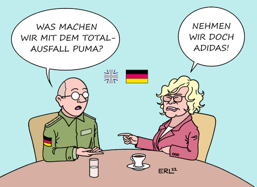 Cartoon: Puma II (medium) by Erl tagged politik,bundeswehr,panzer,schützenpanzer,puma,totalausfall,treffen,verteidigungsministerin,christine,lambrecht,lösung,vorschläge,adidas,turnschuhe,karikatur,erl,politik,bundeswehr,panzer,schützenpanzer,puma,totalausfall,treffen,verteidigungsministerin,christine,lambrecht,lösung,vorschläge,adidas,turnschuhe,karikatur,erl