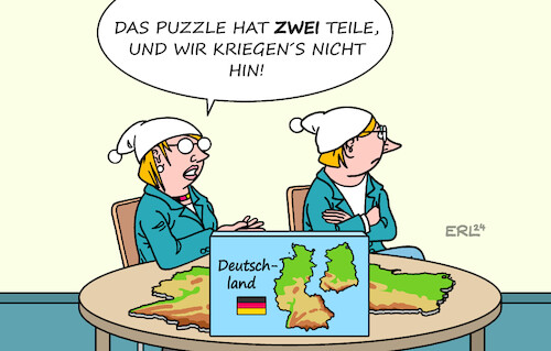 Cartoon: Puzzle (medium) by Erl tagged politik,deutschland,teilung,spaltung,brd,ddr,wiedervereinigung,1990,deutsche,einheit,unterschiede,ost,west,europawahl,osten,afd,puzzle,zwei,teile,michel,michaela,karikatur,erl,politik,deutschland,teilung,spaltung,brd,ddr,wiedervereinigung,1990,deutsche,einheit,unterschiede,ost,west,europawahl,osten,afd,puzzle,zwei,teile,michel,michaela,karikatur,erl