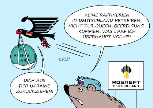 Cartoon: Raffinerien (medium) by Erl tagged politik,krieg,angriff,überfall,russland,ukraine,ölkonzern,rosneft,deutschland,treuhand,verwaltung,pck,schwedt,miro,karlsruhe,bayernoil,vohburg,sanktionen,keine,einladung,beerdigung,queen,elizabeth,ii,karikatur,erl,politik,krieg,angriff,überfall,russland,ukraine,ölkonzern,rosneft,deutschland,treuhand,verwaltung,pck,schwedt,miro,karlsruhe,bayernoil,vohburg,sanktionen,keine,einladung,beerdigung,queen,elizabeth,ii,karikatur,erl