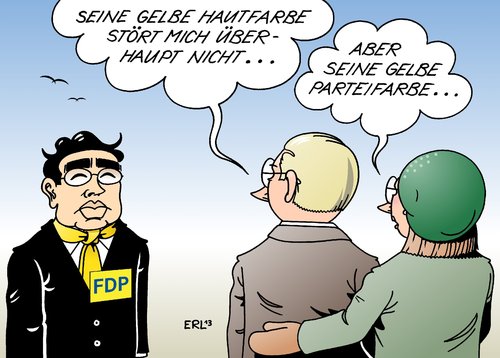 Cartoon: Rassismusdebatte (medium) by Erl tagged jörg,uwe,hahn,interview,gesellschaft,vizekanzler,asiatisch,toleranz,hautfarbe,gelb,partei,fdp,parteifarbe,umfragetief,jörg,uwe,hahn,interview,gesellschaft,vizekanzler,asiatisch,toleranz,hautfarbe,gelb,partei,fdp,parteifarbe,umfragetief