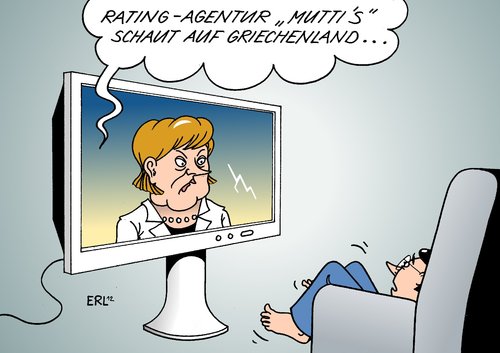 Cartoon: Rating-Agentur (medium) by Erl tagged griechenland,schulden,krise,euro,eu,sparkurs,kaputtsparen,wirtschaft,wachstum,rezession,früchte,rückzahlung,gläubiger,hilfspaket,bankrott,pleite,rating,ratingagentur,bundeskanzlerin,angela,merkel,mutti,deutschland,griechenland,schulden,krise,euro,eu,wachstum,rezession