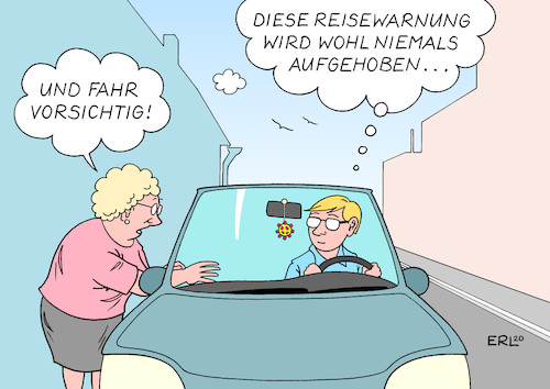 Cartoon: Reisewarnung (medium) by Erl tagged politik,corona,virus,pandemie,reisen,beschränkung,reisewarnung,aufhebung,urlaub,tourismus,mutter,auto,fahrt,karikatur,erl,politik,corona,virus,pandemie,reisen,beschränkung,reisewarnung,aufhebung,urlaub,tourismus,mutter,auto,fahrt,karikatur,erl