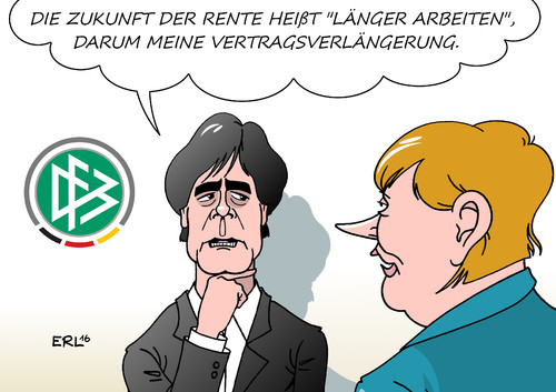 Cartoon: Rente (medium) by Erl tagged rente,zukunft,alter,altersvorsorge,lebensarbeitszeit,verlängerung,jung,alt,beitragszahler,bundeskanzlerin,angela,merkel,fußball,bundestrainer,joachim,jogi,löw,vertrag,vertragsverlängerung,dfb,karikatur,erl,rente,zukunft,alter,altersvorsorge,lebensarbeitszeit,verlängerung,jung,alt,beitragszahler,bundeskanzlerin,angela,merkel,fußball,bundestrainer,joachim,jogi,löw,vertrag,vertragsverlängerung,dfb,karikatur,erl