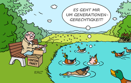 Cartoon: Rente (medium) by Erl tagged politik,bundesregierung,ampel,verabschiedung,rentenpaket,rente,ii,stabilisierung,rentenniveau,beitrag,rentenbeitrag,vorwurf,nachteil,junge,generation,entenfüttern,enten,teich,park,parkbank,futter,mensch,jung,alt,rentner,gerechtigkeit,karikatur,erl,politik,bundesregierung,ampel,verabschiedung,rentenpaket,rente,ii,stabilisierung,rentenniveau,beitrag,rentenbeitrag,vorwurf,nachteil,junge,generation,entenfüttern,enten,teich,park,parkbank,futter,mensch,jung,alt,rentner,gerechtigkeit,karikatur,erl