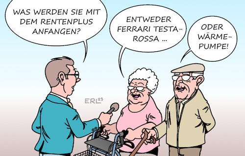 Cartoon: Rentenerhöhung (medium) by Erl tagged politik,geld,finanzen,alter,rente,erhöhung,rentenerhöhung,rentenplus,erfüllung,wünsche,auto,ferrari,testarossa,haus,heizung,klimaneutral,wärmepumpe,heizungsgesetz,rentnerin,rentner,reporter,karikatur,erl,politik,geld,finanzen,alter,rente,erhöhung,rentenerhöhung,rentenplus,erfüllung,wünsche,auto,ferrari,testarossa,haus,heizung,klimaneutral,wärmepumpe,heizungsgesetz,rentnerin,rentner,reporter,karikatur,erl