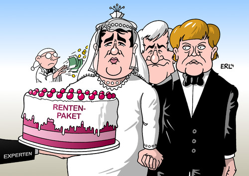 Cartoon: Rentenpaket (medium) by Erl tagged rente,63,mütterrente,rentenpaket,große,koalition,groko,cdu,csu,spd,gabriel,merkel,seehofer,beurteilung,experten,hochzeit,torte,rente,63,mütterrente,rentenpaket,große,koalition,groko,cdu,csu,spd,gabriel,merkel,seehofer,beurteilung,experten,hochzeit,torte