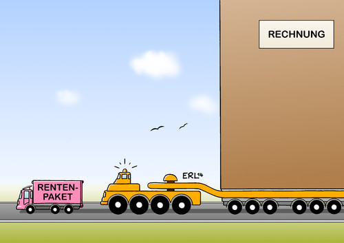 Cartoon: Rentenpaket (medium) by Erl tagged rentenpaket,rente,mit,dreiundsechzig,63,mütterrente,cdu,csu,spd,große,koalition,groko,wohltat,sozial,finanzierung,generation,alt,jung,alte,junge,lkw,lastwagen,schwertransport,rentenpaket,rente,mit,dreiundsechzig,63,mütterrente,cdu,csu,spd,große,koalition,groko,wohltat,sozial,finanzierung,generation,alt,jung,alte,junge,lkw,lastwagen,schwertransport