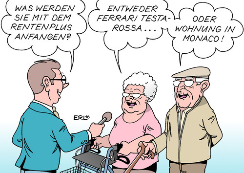 Cartoon: Rentenplus (medium) by Erl tagged rente,erhöhung,plus,rentner,alter,geld,planung,wünsche,ferrari,testarossa,wohnung,monaco,karikatur,erl,rente,erhöhung,plus,rentner,alter,geld,planung,wünsche,ferrari,testarossa,wohnung,monaco,karikatur,erl