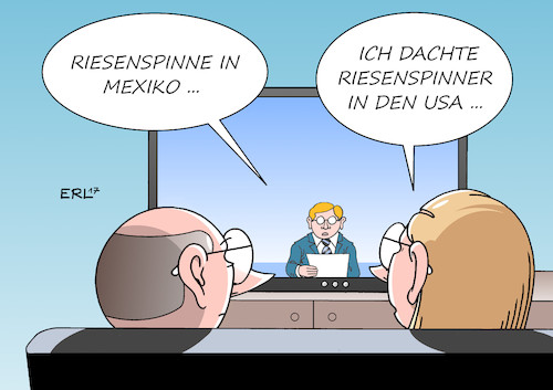 Cartoon: Riesenspinne (medium) by Erl tagged entdeckung,spinne,riesenspinne,mexiko,usa,präsident,donald,trump,100,tage,amt,bilanz,wahlversprechen,make,america,great,again,first,rechtspopulismus,spinner,realität,ernüchterung,pleiten,pech,pannen,justiz,institutionen,erde,welt,angst,nachrichten,karikatur,erl,entdeckung,spinne,riesenspinne,mexiko,usa,präsident,donald,trump,100,tage,amt,bilanz,wahlversprechen,make,america,great,again,first,rechtspopulismus,spinner,realität,ernüchterung,pleiten,pech,pannen,justiz,institutionen,erde,welt,angst,nachrichten,karikatur,erl