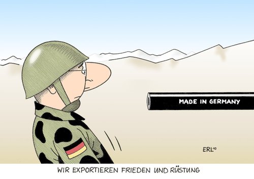 Cartoon: Rüstungsexport (medium) by Erl tagged deutschland,rüstung,export,bundeswehr,einsatz,ausland,waffen,made,in,germany,deutschland,rüstung,export,bundeswehr,einsatz,ausland,waffen,militär,soldaten,verteidigung