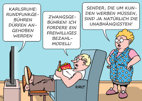 Cartoon: Rundfunkgebühren (medium) by Erl tagged politik,demokratie,meinungsfreiheit,pressefreiheit,öffentlich,rechtlicher,rundfunk,rundfunkgebühren,anhebung,blockade,landtag,sachsen,anhalt,sender,ard,zdf,klage,bundesverfassungsgericht,karlsruhe,urteil,afd,rechtpopulismus,forderung,bezahlmodell,gefahr,unabhängigkeit,sensation,kunden,werbung,einschaltquoten,karikatur,erl,politik,demokratie,meinungsfreiheit,pressefreiheit,öffentlich,rechtlicher,rundfunk,rundfunkgebühren,anhebung,blockade,landtag,sachsen,anhalt,sender,ard,zdf,klage,bundesverfassungsgericht,karlsruhe,urteil,afd,rechtpopulismus,forderung,bezahlmodell,gefahr,unabhängigkeit,sensation,kunden,werbung,einschaltquoten,karikatur,erl