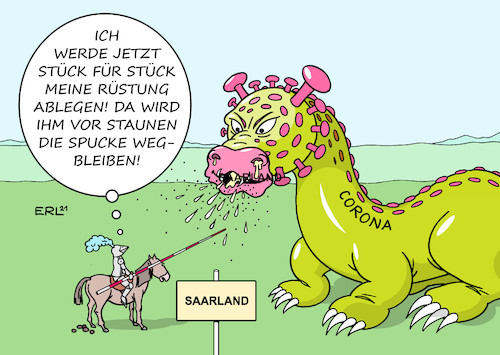 Cartoon: Saarland (medium) by Erl tagged politik,corona,virus,pandemie,covid19,lockdown,sonderweg,saarland,ministerpräsident,tobias,hans,cdu,ankündigung,lockerung,lockerungen,öffnung,öffnungen,ritter,rüstung,drache,spucke,karikatur,erl,politik,corona,virus,pandemie,covid19,lockdown,sonderweg,saarland,ministerpräsident,tobias,hans,cdu,ankündigung,lockerung,lockerungen,öffnung,öffnungen,ritter,rüstung,drache,spucke,karikatur,erl