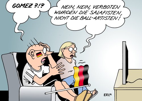 Cartoon: Salafisten-Verbot (medium) by Erl tagged salafisten,islam,scharia,religion,radikal,verbot,innenminister,friedrich,deutschland,fußball,europameisterschaft,em,ball,artist,ballartisten,tor,torjäger,torschütze,mario,gomez,salafisten,islam,religion,scharia,fußball,em,gomez