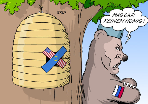 Cartoon: Sanktionen (medium) by Erl tagged russland,ukraine,krise,krieg,usa,eu,sanktionen,präsident,wladimir,putin,bär,honig,trotz,bienen,bienenkorb,baum,russland,ukraine,krise,krieg,usa,eu,sanktionen,präsident,wladimir,putin,bär,honig,trotz,bienen,bienenkorb,baum