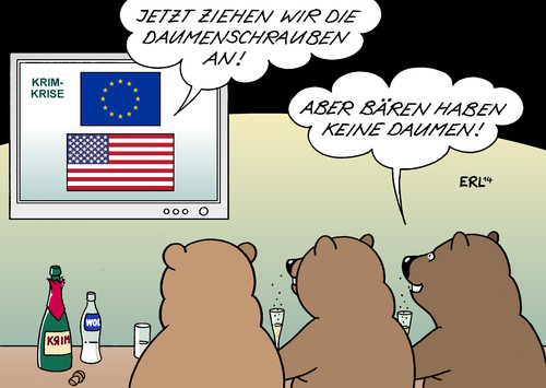 Cartoon: Sanktionen I (medium) by Erl tagged ukraine,krim,russland,referendum,völkerrecht,usa,eu,sanktionen,daumenschrauben,bär,bären,bar,daumen,ukraine,krim,russland,referendum,völkerrecht,usa,eu,sanktionen,daumenschrauben,bär,bären,bar,daumen