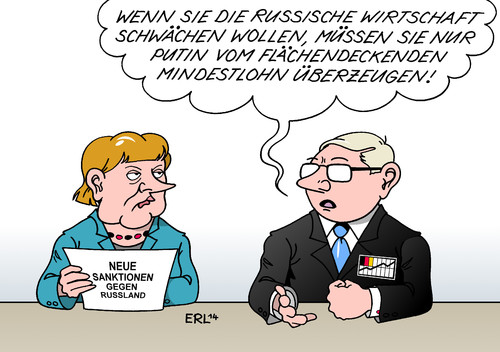 Cartoon: Sanktionen Mindestlohn (medium) by Erl tagged ukraine,krim,russland,referendum,völkerrecht,usa,eu,sanktionen,wirtschaft,angst,mindestlohn,flächendeckend,deutschland,bundeskanzlerin,angela,merkel,groko,regierung,große,koalition,cdu,csu,spd,ukraine,krim,russland,referendum,völkerrecht,usa,eu,sanktionen,wirtschaft,angst,mindestlohn,flächendeckend,deutschland,bundeskanzlerin,angela,merkel,groko,regierung,große,koalition,cdu,csu,spd