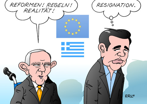 Cartoon: Schäuble Tsipras (medium) by Erl tagged griechenland,krise,schulden,euro,eu,streit,richtung,austerität,solidarität,eurozone,währungsunion,regeln,reformen,grexit,realität,resignation,schäuble,tsipras,karikatur,erl,griechenland,krise,schulden,euro,eu,streit,richtung,austerität,solidarität,eurozone,währungsunion,regeln,reformen,grexit,realität,resignation,schäuble,tsipras
