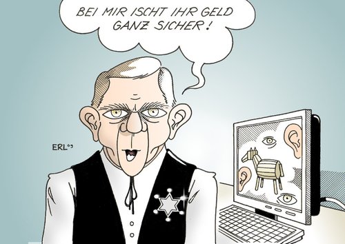 Cartoon: Schäuble wird Finanzminister (medium) by Erl tagged schäuble,finanzminister,cdu,innenminister,onlinedurchsuchung,trojaner,datenschutz,geld,wolfgang schäuble,finanzminister,cdu,innenminister,onlinedurchsuchung,trojaner,datenschutz,geld,daten,datenklau,wolfgang,schäuble