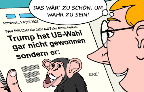 Cartoon: Schlagzeile (medium) by Erl tagged politik,usa,präsident,trump,rechtspopulismus,autokratie,krieg,unberechenbarkeit,zerstörung,welthandel,nato,weltordnung,nachricht,aprilscherz,schimpanse,karikatur,erl,politik,usa,präsident,trump,rechtspopulismus,autokratie,krieg,unberechenbarkeit,zerstörung,welthandel,nato,weltordnung,nachricht,aprilscherz,schimpanse,karikatur,erl