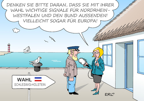 Cartoon: Schleswig-Holstein (medium) by Erl tagged landtagswahl,wahl,schleswig,holstein,albig,günther,signal,nordrhein,westfalen,nrw,bund,bundestagswahl,merkel,schulz,schulzeffekt,bedeutung,eu,europa,wähler,wählerin,interview,umfrage,umfragen,meinungsforschung,prognose,karikatur,erl,landtagswahl,wahl,schleswig,holstein,albig,günther,signal,nordrhein,westfalen,nrw,bund,bundestagswahl,merkel,schulz,schulzeffekt,bedeutung,eu,europa,wähler,wählerin,interview,umfrage,umfragen,meinungsforschung,prognose,karikatur,erl