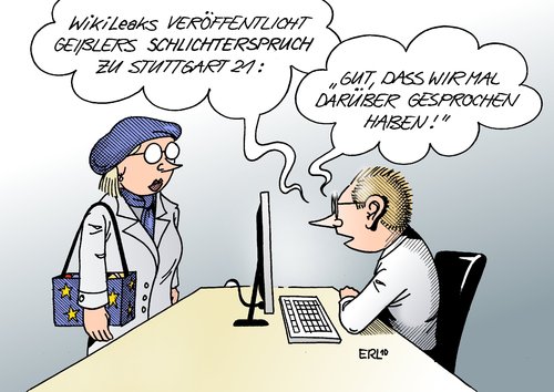 Cartoon: Schlichterspruch WikiLeaks (medium) by Erl tagged wikileaks,stuttgart,21,heiner,geißler,schlichter,schlichterspruch,ergebnis,wikileaks,stuttgart 21,heiner geißler,schlichter,schlichterspruch,ergebnis,stuttgart,21,heiner,geißler