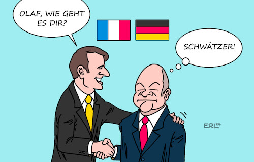 Cartoon: Schocron (medium) by Erl tagged politik,präsident,frankreich,emmanuel,macron,besuch,deutschland,bundeskanzler,olaf,scholz,schocron,achse,paris,berlin,eu,europa,deutsch,französische,freundschaft,temperament,charakter,aktiv,still,extravertiert,introvertiert,karikatur,erl,politik,präsident,frankreich,emmanuel,macron,besuch,deutschland,bundeskanzler,olaf,scholz,schocron,achse,paris,berlin,eu,europa,deutsch,französische,freundschaft,temperament,charakter,aktiv,still,extravertiert,introvertiert,karikatur,erl