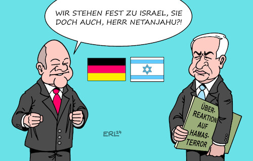 Cartoon: Scholz in Israel (medium) by Erl tagged politik,nahost,terrorismus,terror,überfall,hamas,israel,überreaktion,angriff,gaza,leid,zivilbevölkerung,verhinderung,humanitäre,hilfe,ministerpräsident,benjamin,netanjahu,machterhalt,besuch,bundeskanzler,olaf,scholz,deutschland,karikatur,erl,politik,nahost,terrorismus,terror,überfall,hamas,israel,überreaktion,angriff,gaza,leid,zivilbevölkerung,verhinderung,humanitäre,hilfe,ministerpräsident,benjamin,netanjahu,machterhalt,besuch,bundeskanzler,olaf,scholz,deutschland,karikatur,erl