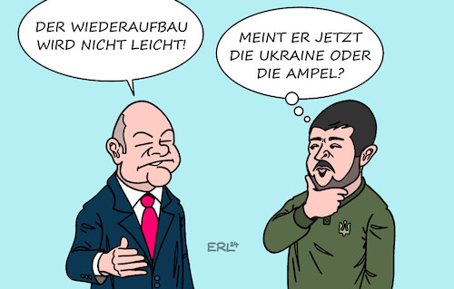 Cartoon: Scholz und Selenskyj (medium) by Erl tagged politik,krieg,angriff,überfall,russland,ukraine,wiederaufbau,konfernz,recovery,conderence,berlin,bundeskanzler,olaf,scholz,präsident,wolodymyr,selenskyj,europa,wahl,europawahl,niederlage,abstrafung,denkzettel,bundesregierung,ampel,spd,grüne,fdp,karikatur,erl,politik,krieg,angriff,überfall,russland,ukraine,wiederaufbau,konfernz,recovery,conderence,berlin,bundeskanzler,olaf,scholz,präsident,wolodymyr,selenskyj,europa,wahl,europawahl,niederlage,abstrafung,denkzettel,bundesregierung,ampel,spd,grüne,fdp,karikatur,erl