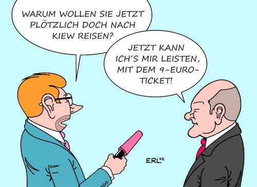 Cartoon: Scholz will nach Kiew (medium) by Erl tagged politik,krieg,russland,ukraine,solidarität,westen,eu,besuch,reisen,kiew,bundeskanzler,olaf,scholz,weigerung,zögern,zaudern,umdenken,neun,euro,ticket,öffentlicher,nahverkehr,energiepreise,entlastung,karikatur,erl,politik,krieg,russland,ukraine,solidarität,westen,eu,besuch,reisen,kiew,bundeskanzler,olaf,scholz,weigerung,zögern,zaudern,umdenken,neun,euro,ticket,öffentlicher,nahverkehr,energiepreise,entlastung,karikatur,erl