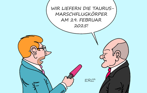 Cartoon: Scholz zu Taurus (medium) by Erl tagged politik,krieg,angriff,überfall,russland,ukraine,bitte,deutschland,hilfe,lieferung,tausrus,marschflugkörper,bundeskanzler,olaf,scholz,absage,nein,schaltjahr,29,februar,karikatur,erl,politik,krieg,angriff,überfall,russland,ukraine,bitte,deutschland,hilfe,lieferung,tausrus,marschflugkörper,bundeskanzler,olaf,scholz,absage,nein,schaltjahr,29,februar,karikatur,erl