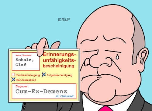 Cartoon: Scholzens schweres Schicksal (medium) by Erl tagged politik,cum,ex,skandal,steuerbetrug,mehrwertsteuer,banken,firmen,warburg,bank,hamburg,rückzahlung,steuern,forderung,hansestadt,bürgermeister,olaf,scholz,treffen,banker,erlassung,steuerschulden,verdacht,korruption,vetternwirtschaft,mauschelei,finanzsenator,peter,tschentscher,finanzamt,bundeskanzler,untersuchungsausschuss,erinnerungslücken,erinnerung,vergessen,demenz,attest,karikatur,erl,politik,cum,ex,skandal,steuerbetrug,mehrwertsteuer,banken,firmen,warburg,bank,hamburg,rückzahlung,steuern,forderung,hansestadt,bürgermeister,olaf,scholz,treffen,banker,erlassung,steuerschulden,verdacht,korruption,vetternwirtschaft,mauschelei,finanzsenator,peter,tschentscher,finanzamt,bundeskanzler,untersuchungsausschuss,erinnerungslücken,erinnerung,vergessen,demenz,attest,karikatur,erl